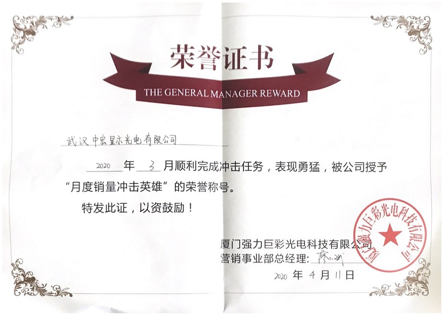 萍乡2020年3月被授予月度销量冲击英雄